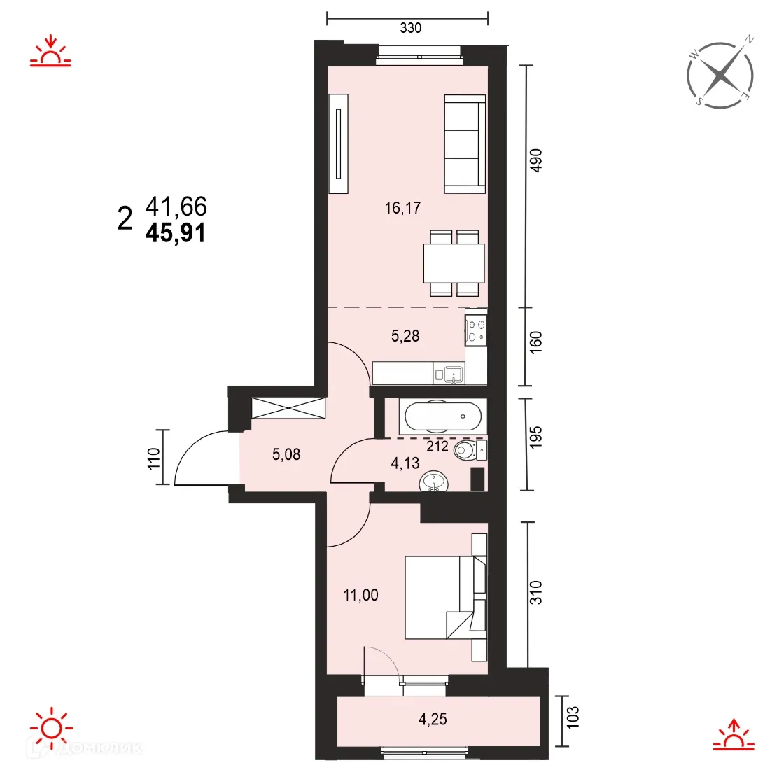 Планировка 2-комнатной квартиры 45.91 м² в ЖК АВТОР, г. Иркутск — фото 1