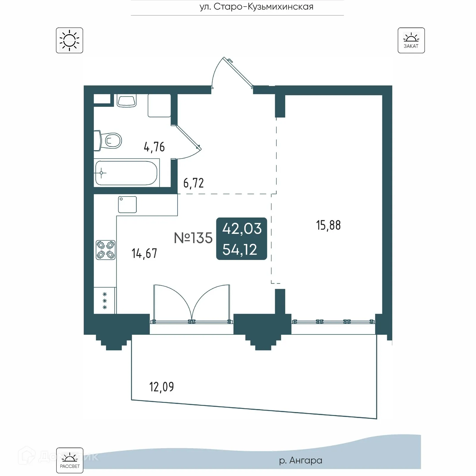 Планировка 1-комнатной квартиры 54.12 м² в ЖК БРОДСКИЙ, г. Иркутск — фото 1