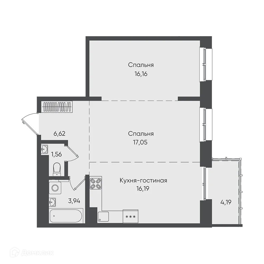 Планировка 2-комнатной квартиры 65.71 м² в ЖК "Новые горизонты на Пушкина", г. Иркутск — фото 1