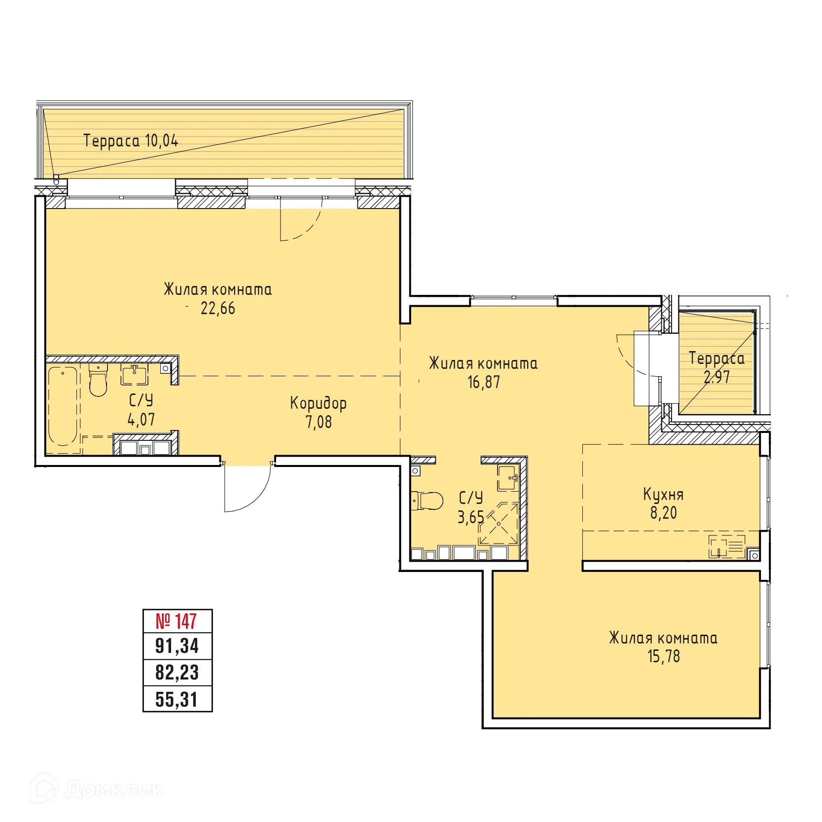Планировка 3-комнатной квартиры 91.34 м² в ЖК СТРИЖИ СИТИ, г. Иркутск — фото 1
