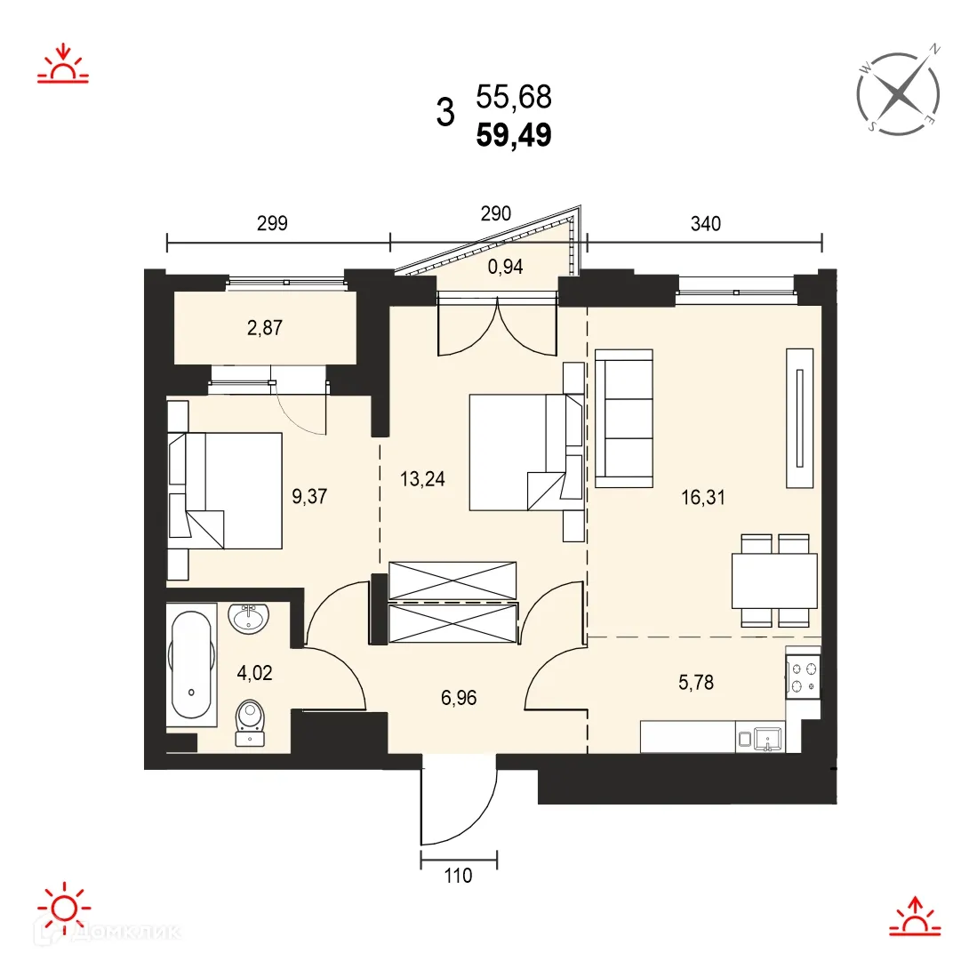 Планировка 3-комнатной квартиры 59.49 м² в ЖК АВТОР, г. Иркутск — фото 1