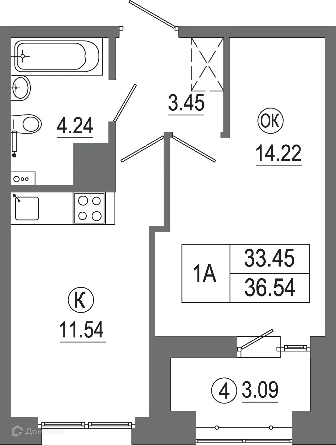 Планировка 1-комнатной квартиры 36.25 м² в ЖК "АвиатоR" (Авиатор), г. Иркутск — фото 1