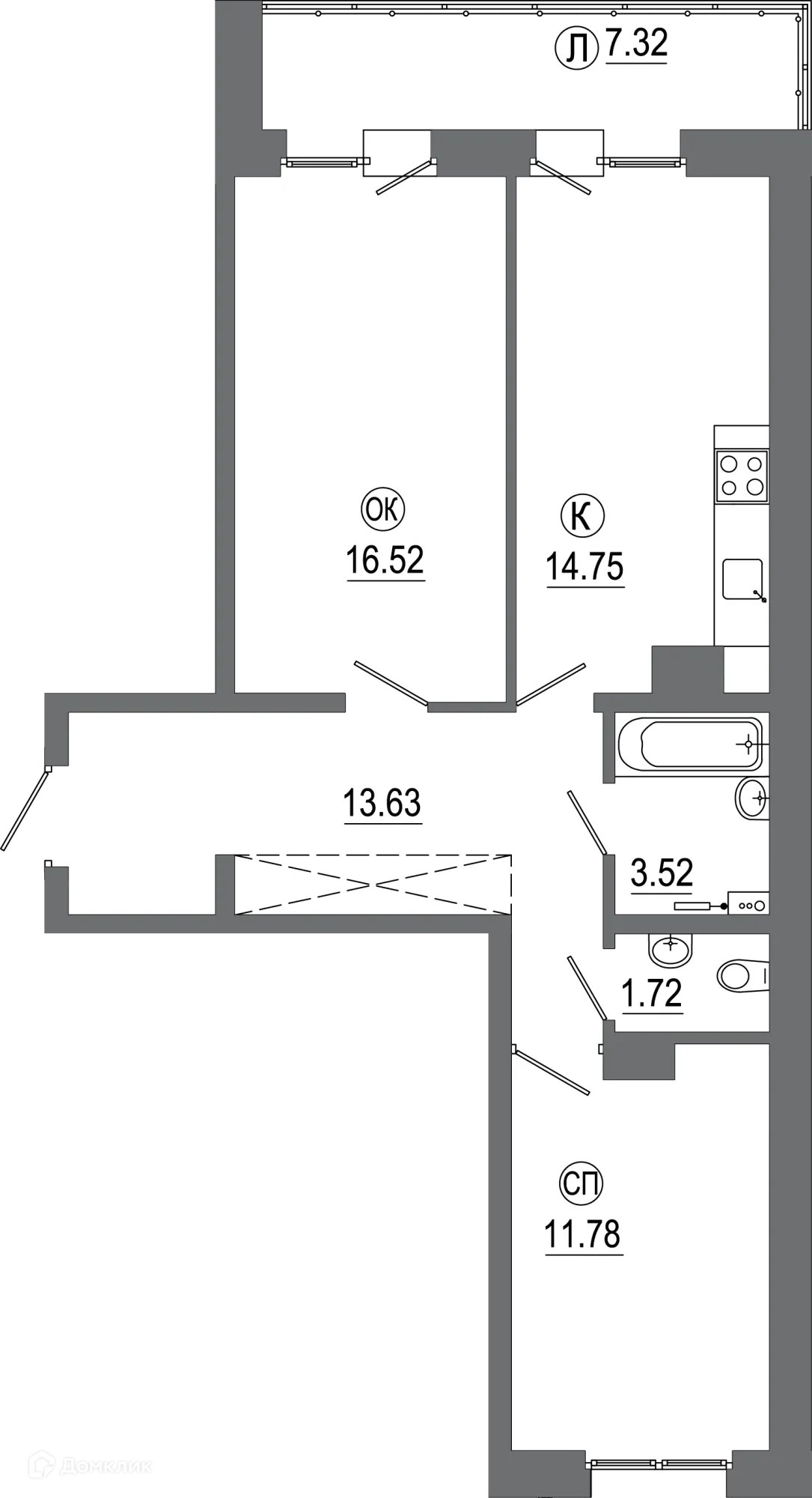 Планировка 2-комнатной квартиры 69.24 м² в ЖК "АвиатоR" (Авиатор), г. Иркутск — фото 1