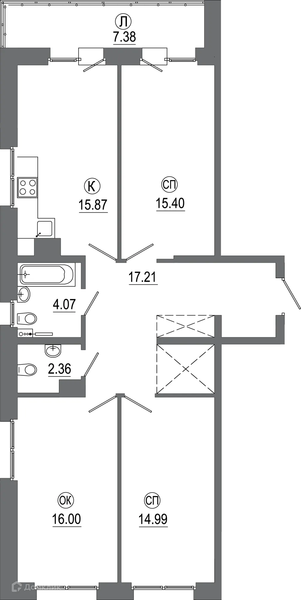 Планировка 3-комнатной квартиры 92.83 м² в ЖК "АвиатоR" (Авиатор), г. Иркутск — фото 1