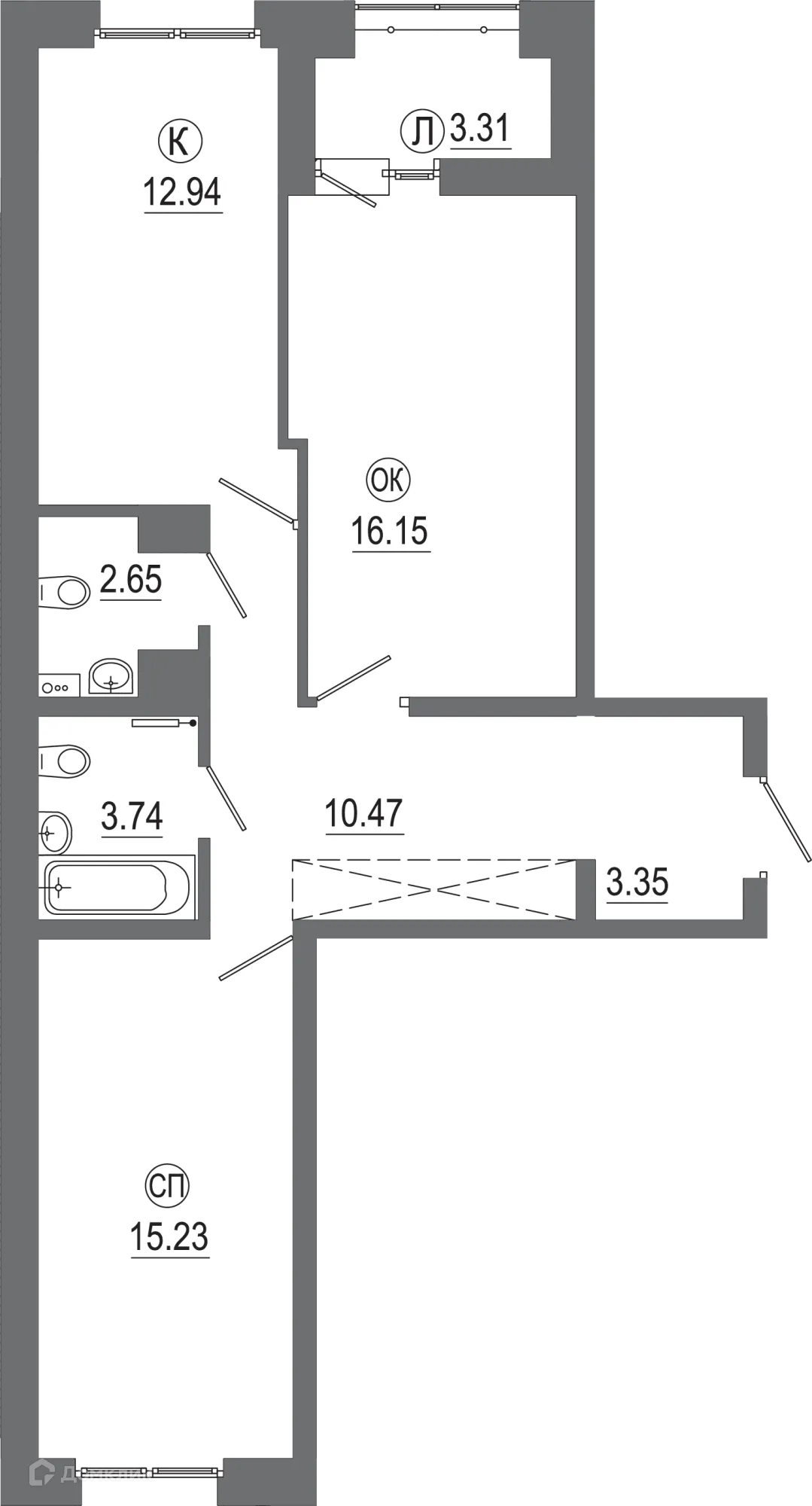 Планировка 2-комнатной квартиры 68.24 м² в ЖК "АвиатоR" (Авиатор), г. Иркутск — фото 1
