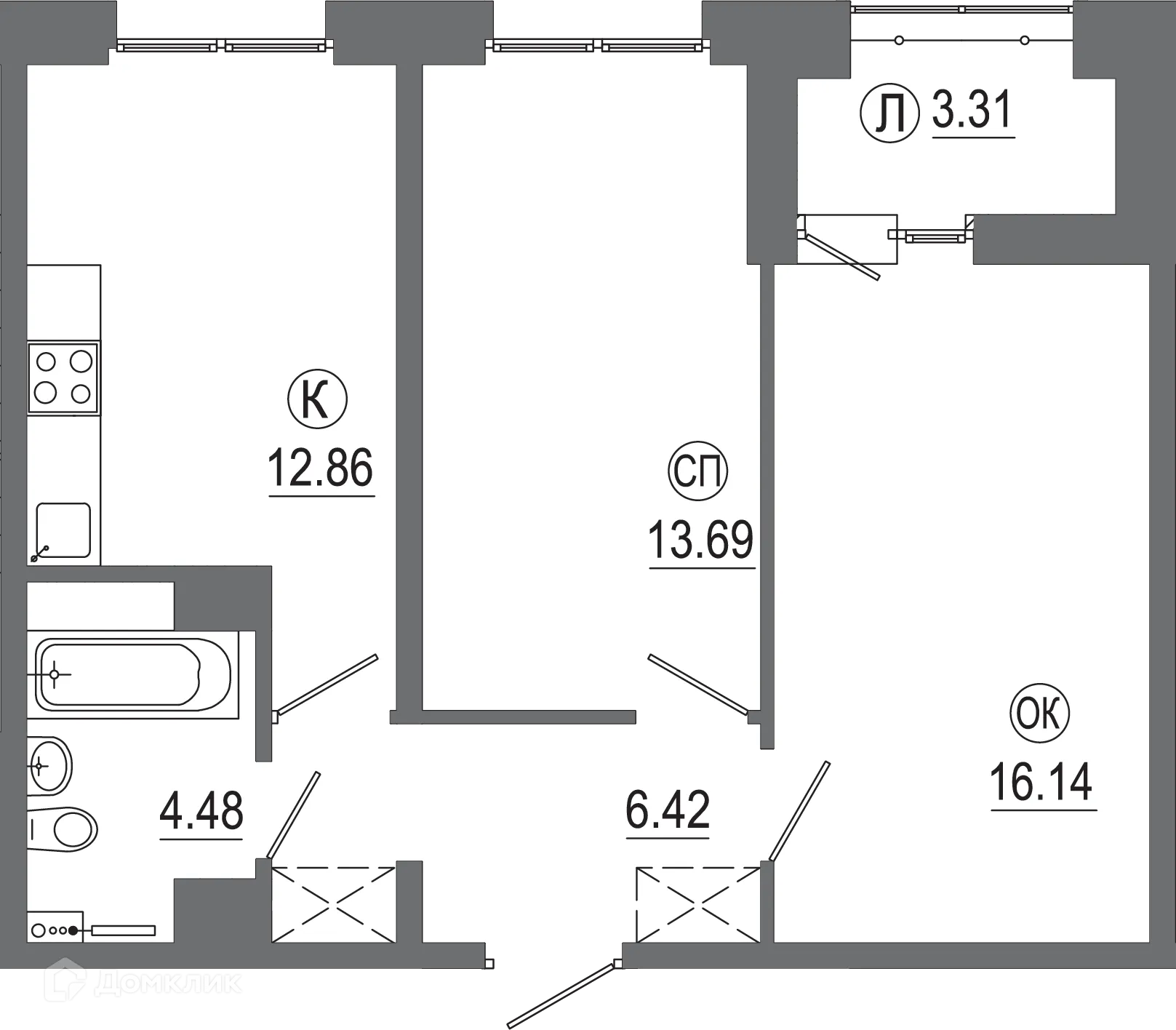 Планировка 2-комнатной квартиры 56.9 м² в ЖК "АвиатоR" (Авиатор), г. Иркутск — фото 1