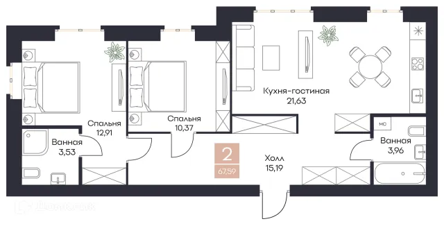 Планировка 2 комн. в Загородная резиденция «Поляна»