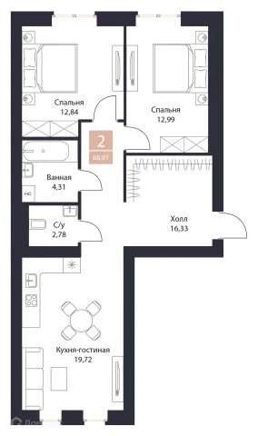 Планировка 2 комн. в Загородная резиденция «Поляна»