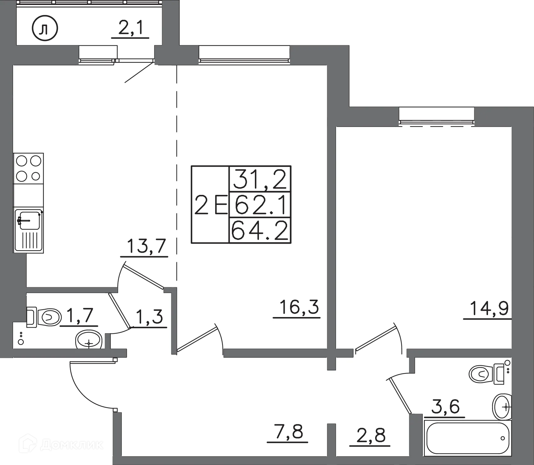 Планировка 2-комнатной квартиры 64.2 м² в ЖК "АвиатоR" (Авиатор), г. Иркутск — фото 1