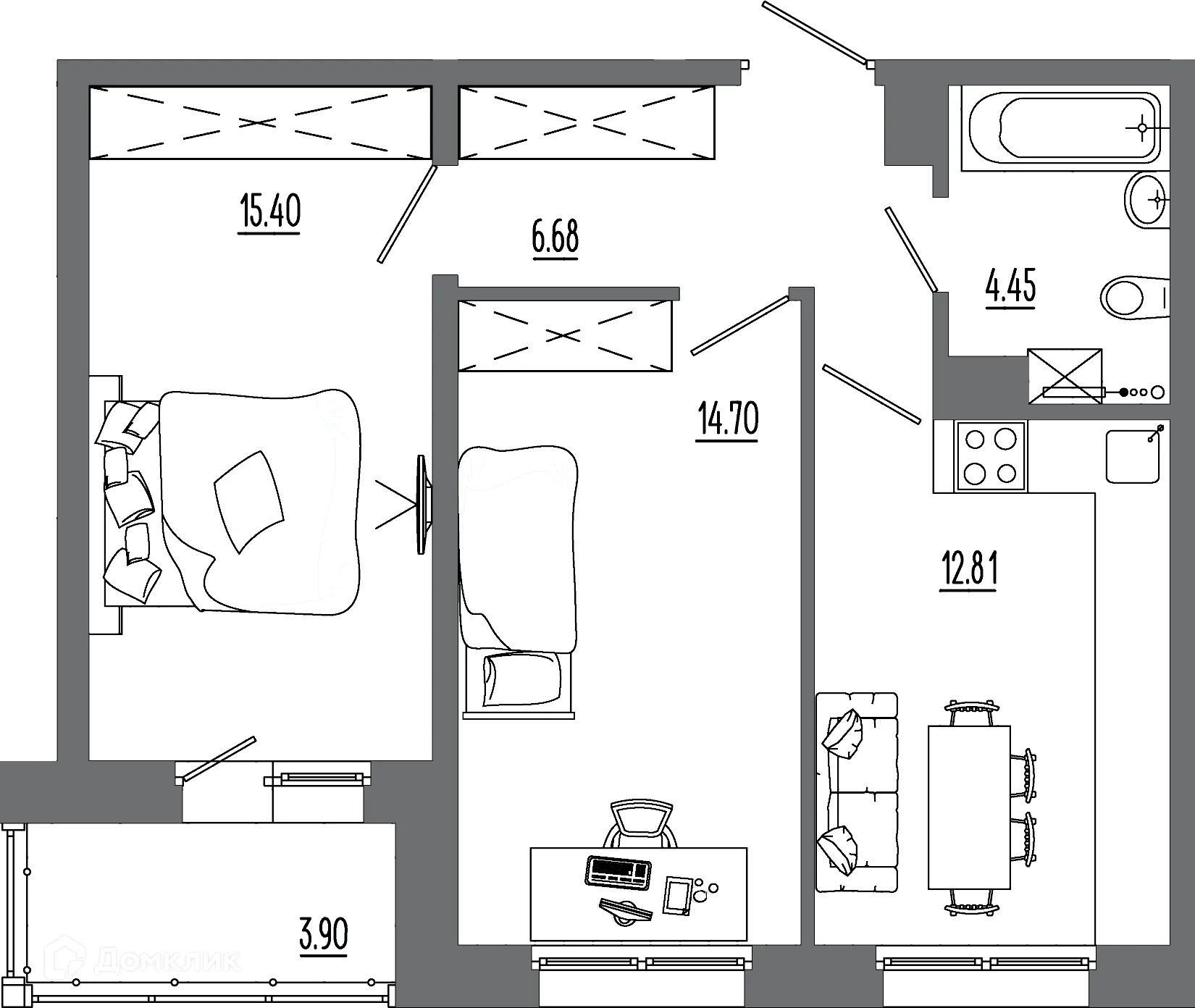 Планировка 2-комнатной квартиры 57.6 м² в ЖК "АвиатоR" (Авиатор), г. Иркутск — фото 1