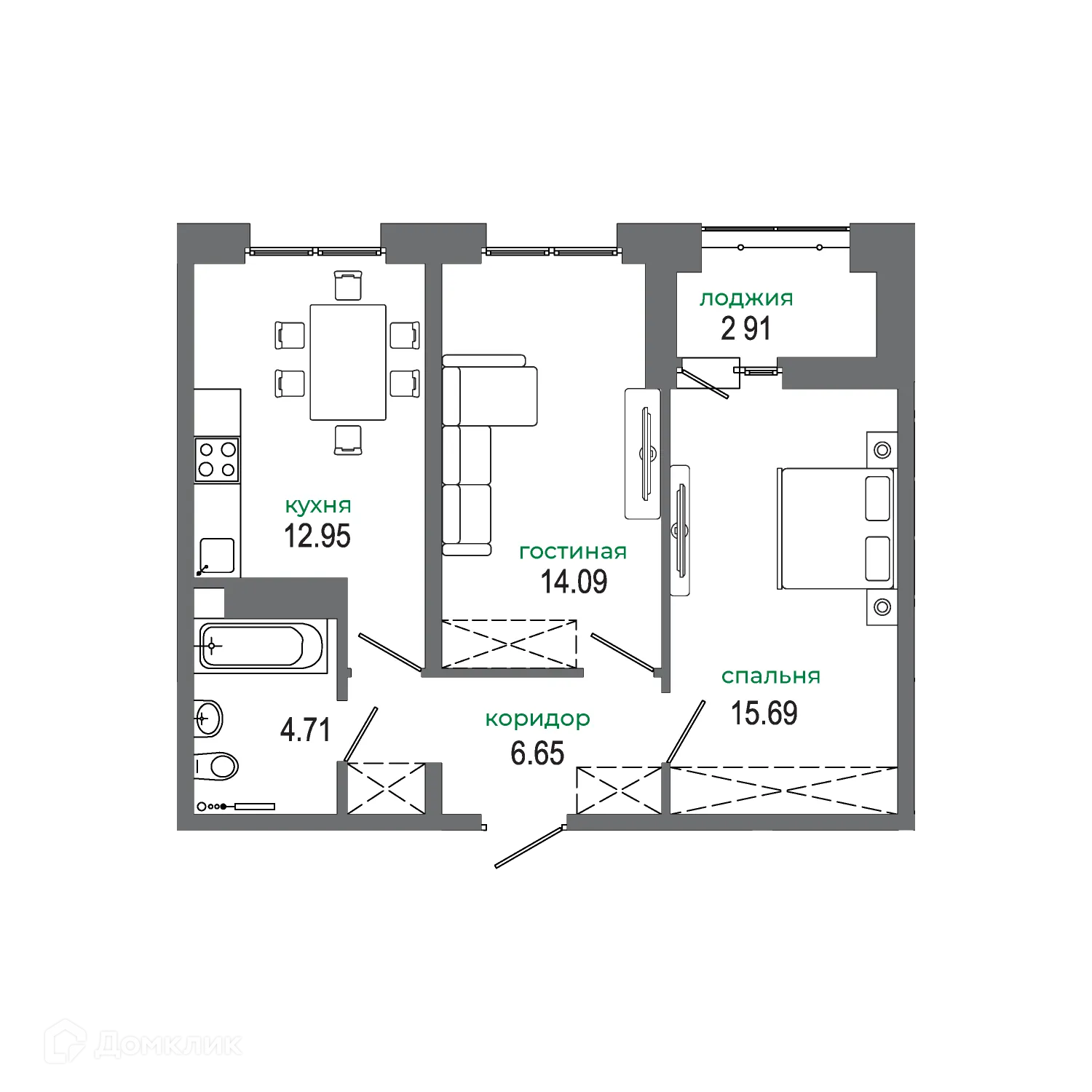 Планировка 2-комнатной квартиры 57.2 м² в ЖК "АвиатоR" (Авиатор), г. Иркутск — фото 1