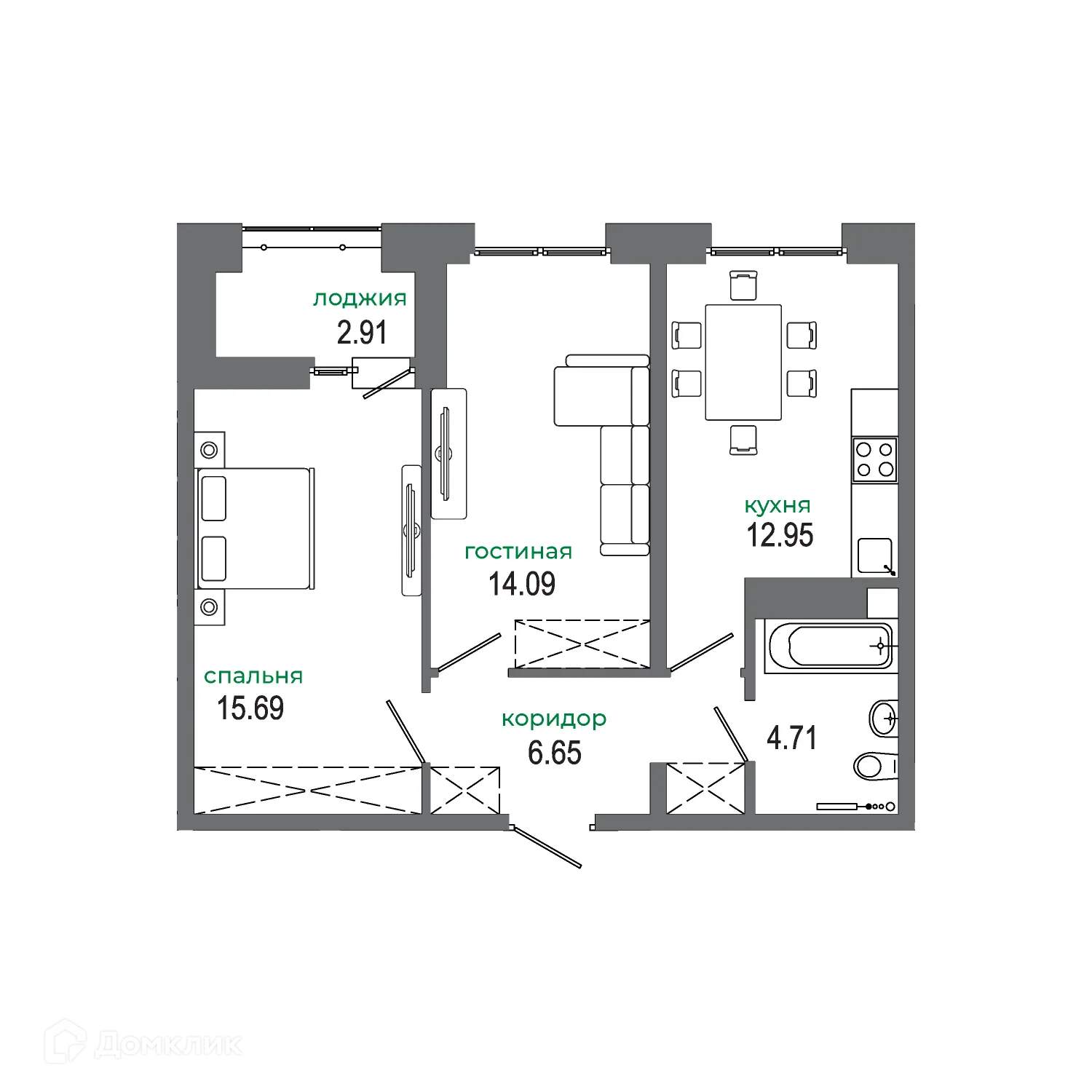 Планировка 2-комнатной квартиры 56.8 м² в ЖК "АвиатоR" (Авиатор), г. Иркутск — фото 1