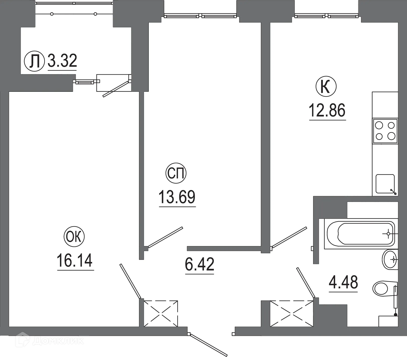 Планировка 2-комнатной квартиры 56.57 м² в ЖК "АвиатоR" (Авиатор), г. Иркутск — фото 1