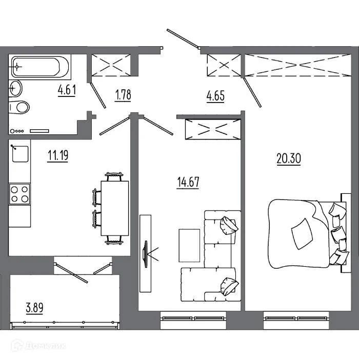 Планировка 2-комнатной квартиры 60.8 м² в ЖК "АвиатоR" (Авиатор), г. Иркутск — фото 1