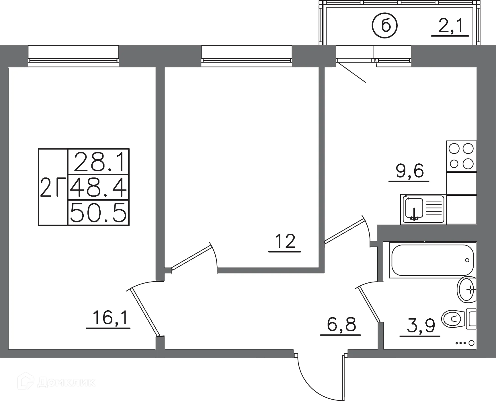 Планировка 2-комнатной квартиры 50.5 м² в ЖК "АвиатоR" (Авиатор), г. Иркутск — фото 1