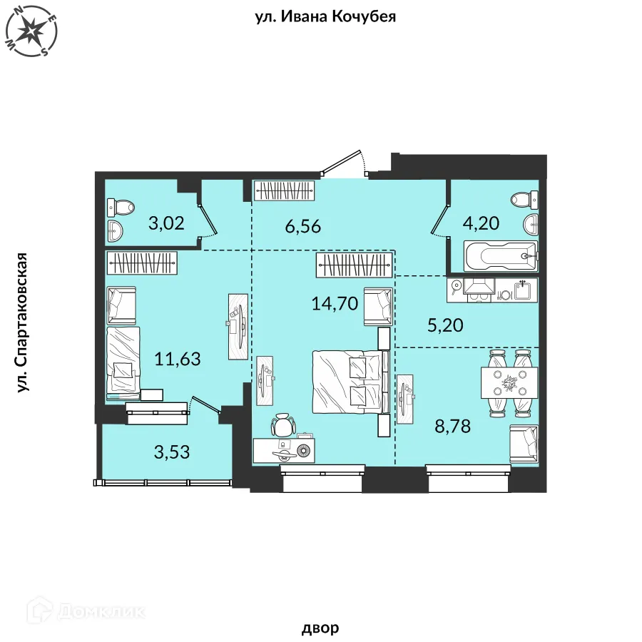 Планировка 3-комнатной квартиры 57.77 м² в ЖК Источник, г. Иркутск — фото 1
