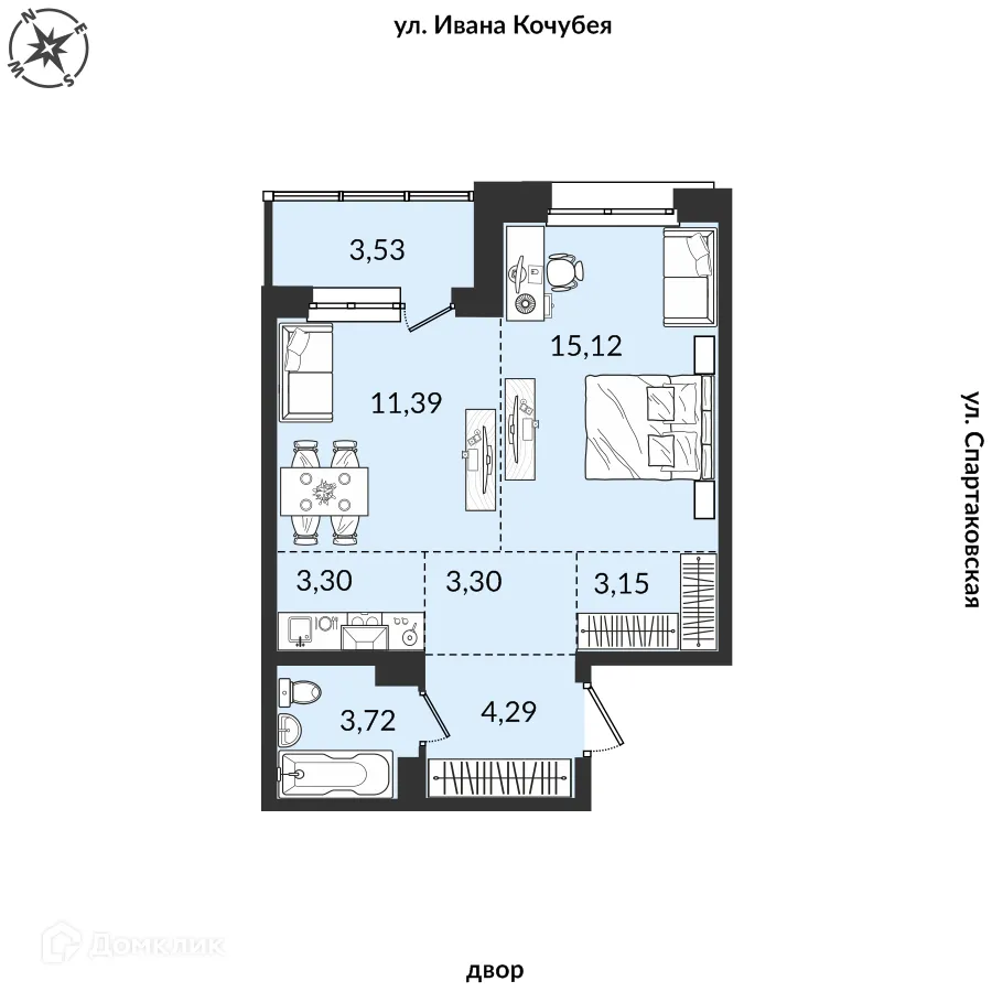 Планировка 2-комнатной квартиры 45.44 м² в ЖК Источник, г. Иркутск — фото 1