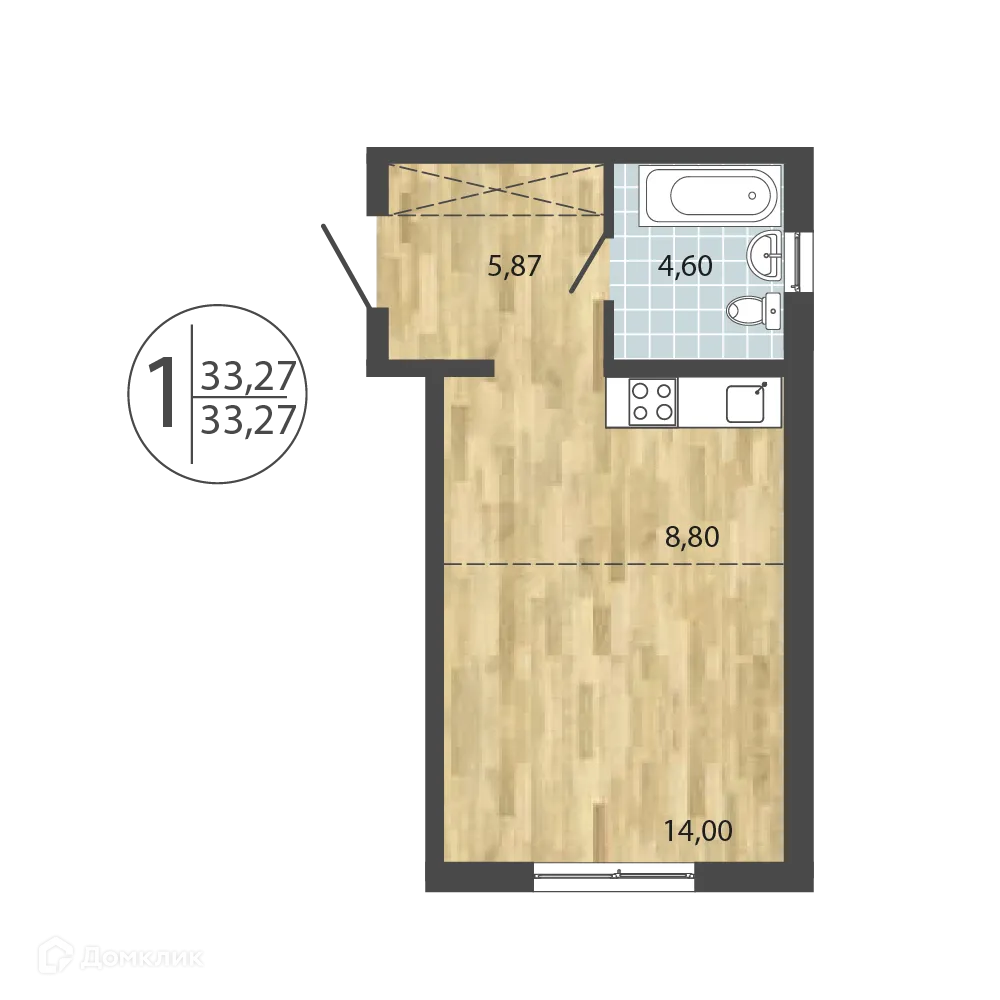 Планировка 1-комнатной квартиры 33.27 м² в ЖК ЛЕРМОНТОВ ПАРК, г. Иркутск — фото 1