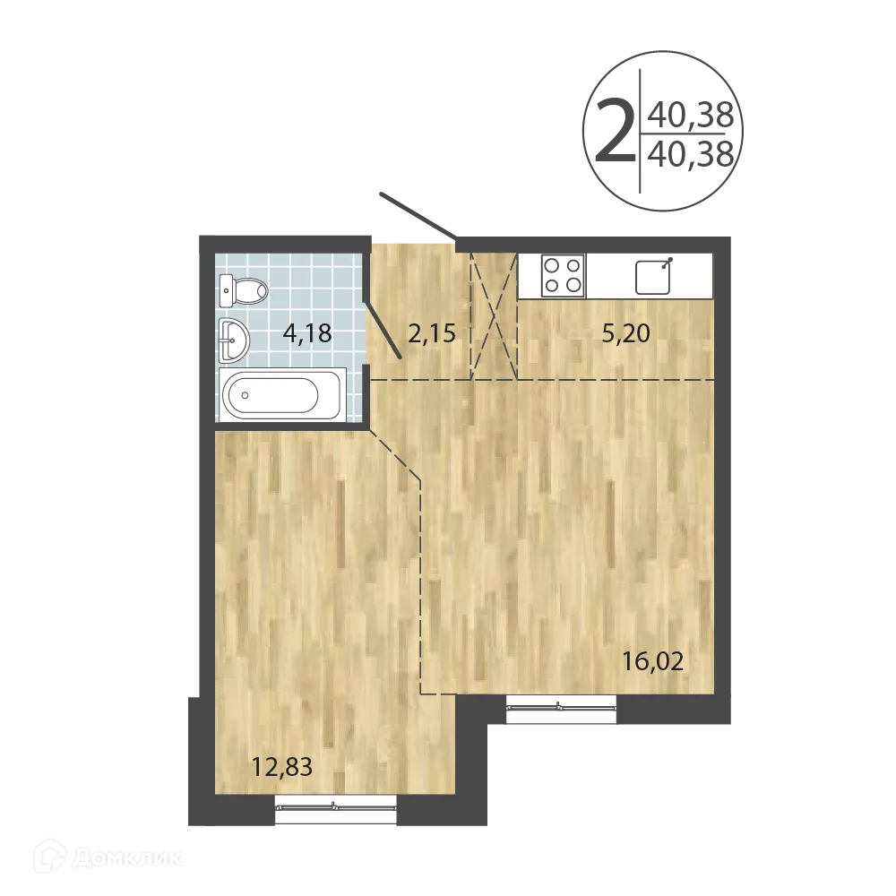 Планировка 2-комнатной квартиры 40.38 м² в ЖК ЛЕРМОНТОВ ПАРК, г. Иркутск — фото 1