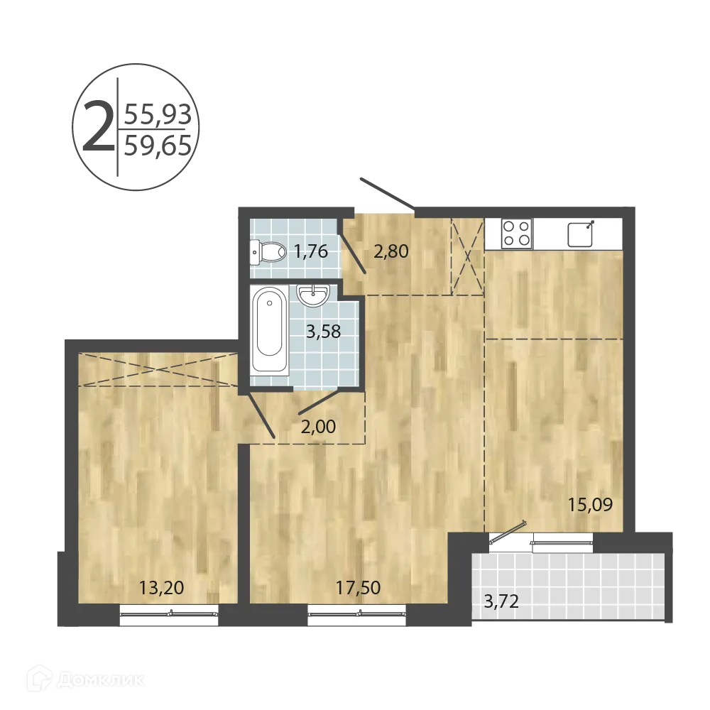 Планировка 2-комнатной квартиры 59.65 м² в ЖК ЛЕРМОНТОВ ПАРК, г. Иркутск — фото 1