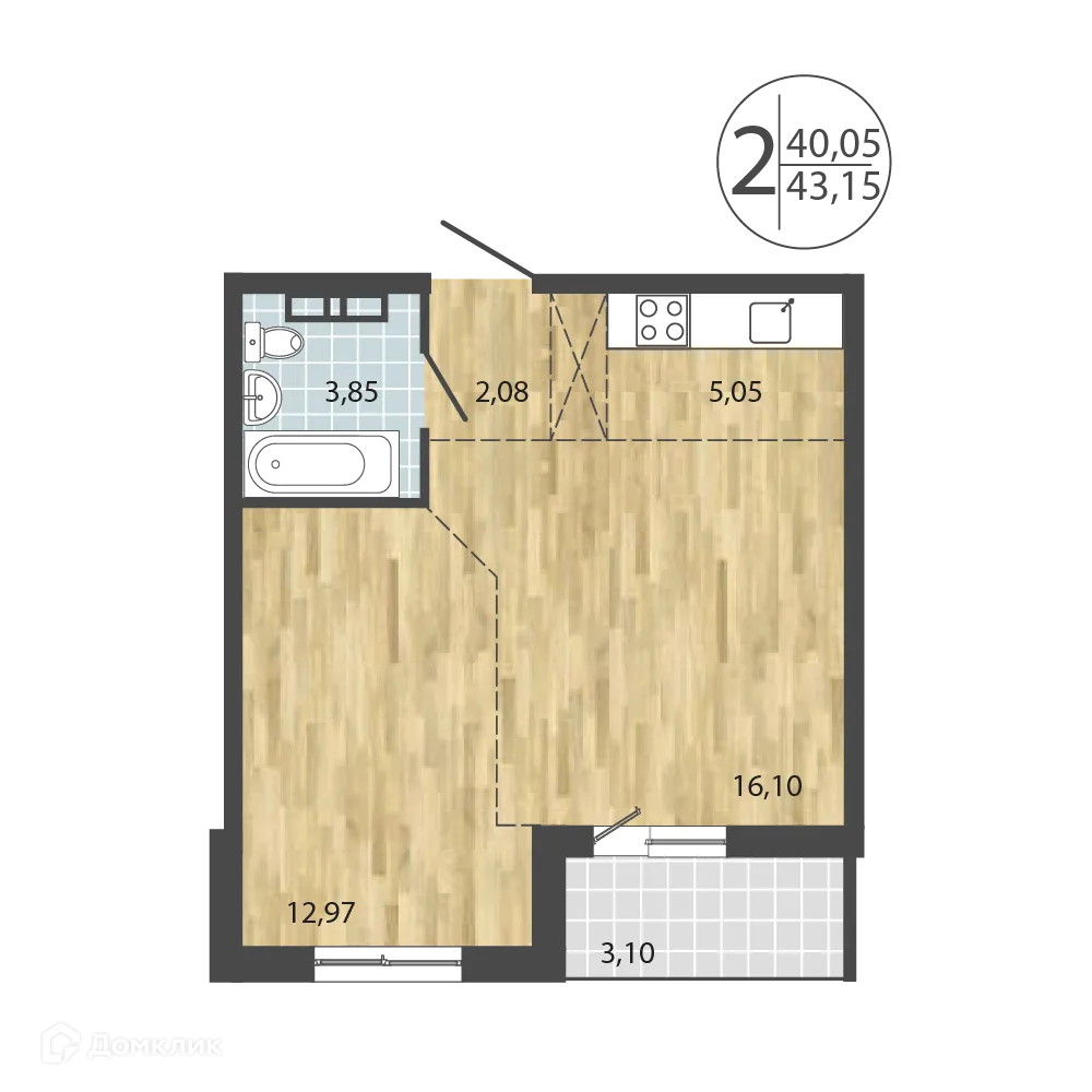 Планировка 2-комнатной квартиры 43.15 м² в ЖК ЛЕРМОНТОВ ПАРК, г. Иркутск — фото 1