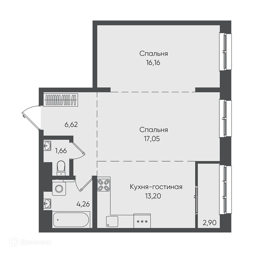 Планировка 2-комнатной квартиры 61.85 м² в ЖК "Новые горизонты на Пушкина", г. Иркутск — фото 1