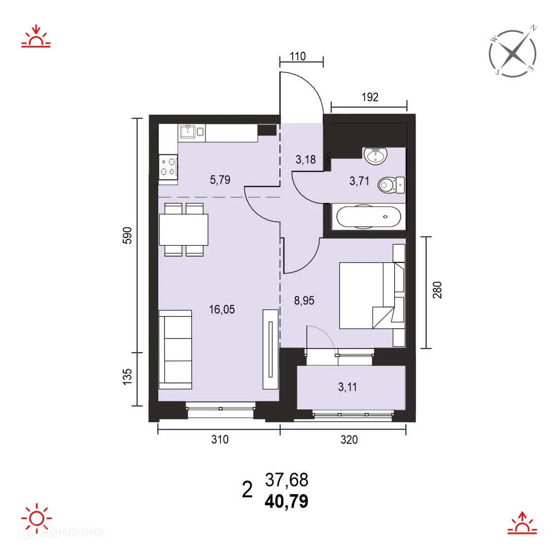 Планировка 2-комнатной квартиры 40.79 м² в ЖК АВТОР, г. Иркутск — фото 1