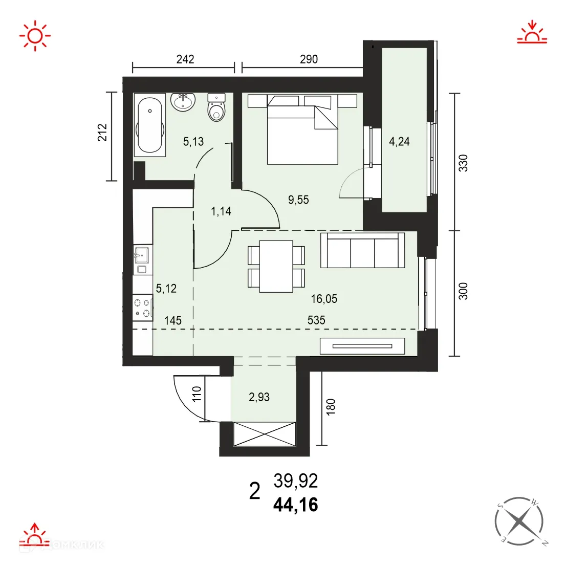 Планировка 2-комнатной квартиры 44.16 м² в ЖК АВТОР, г. Иркутск — фото 1