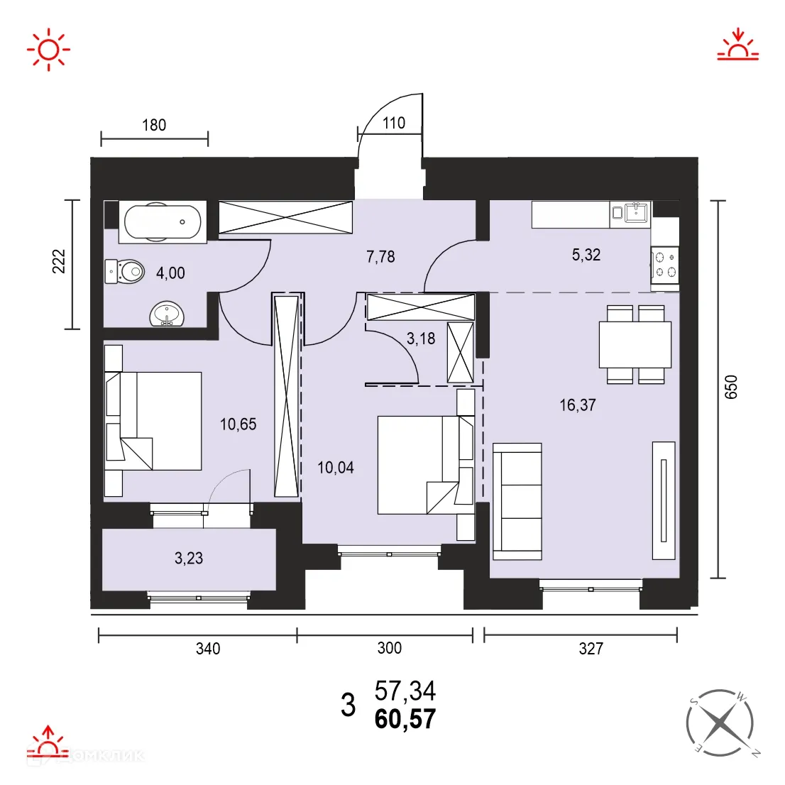 Планировка 3-комнатной квартиры 60.57 м² в ЖК АВТОР, г. Иркутск — фото 1