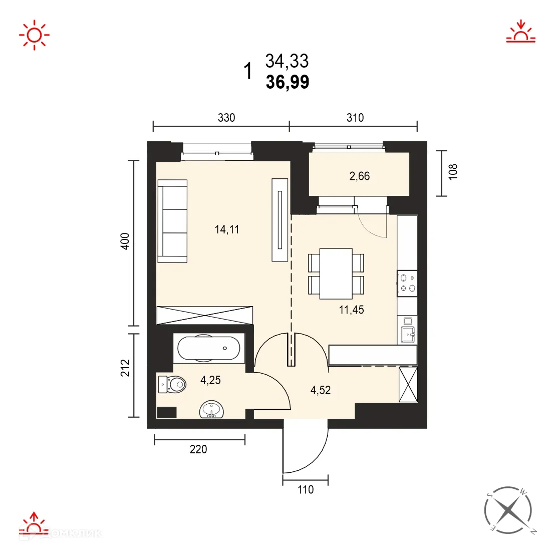 Планировка 1-комнатной квартиры 36.99 м² в ЖК АВТОР, г. Иркутск — фото 1