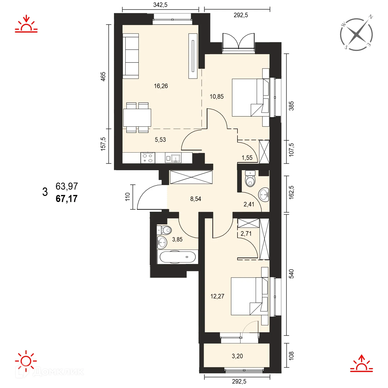 Планировка 3-комнатной квартиры 67.17 м² в ЖК АВТОР, г. Иркутск — фото 1