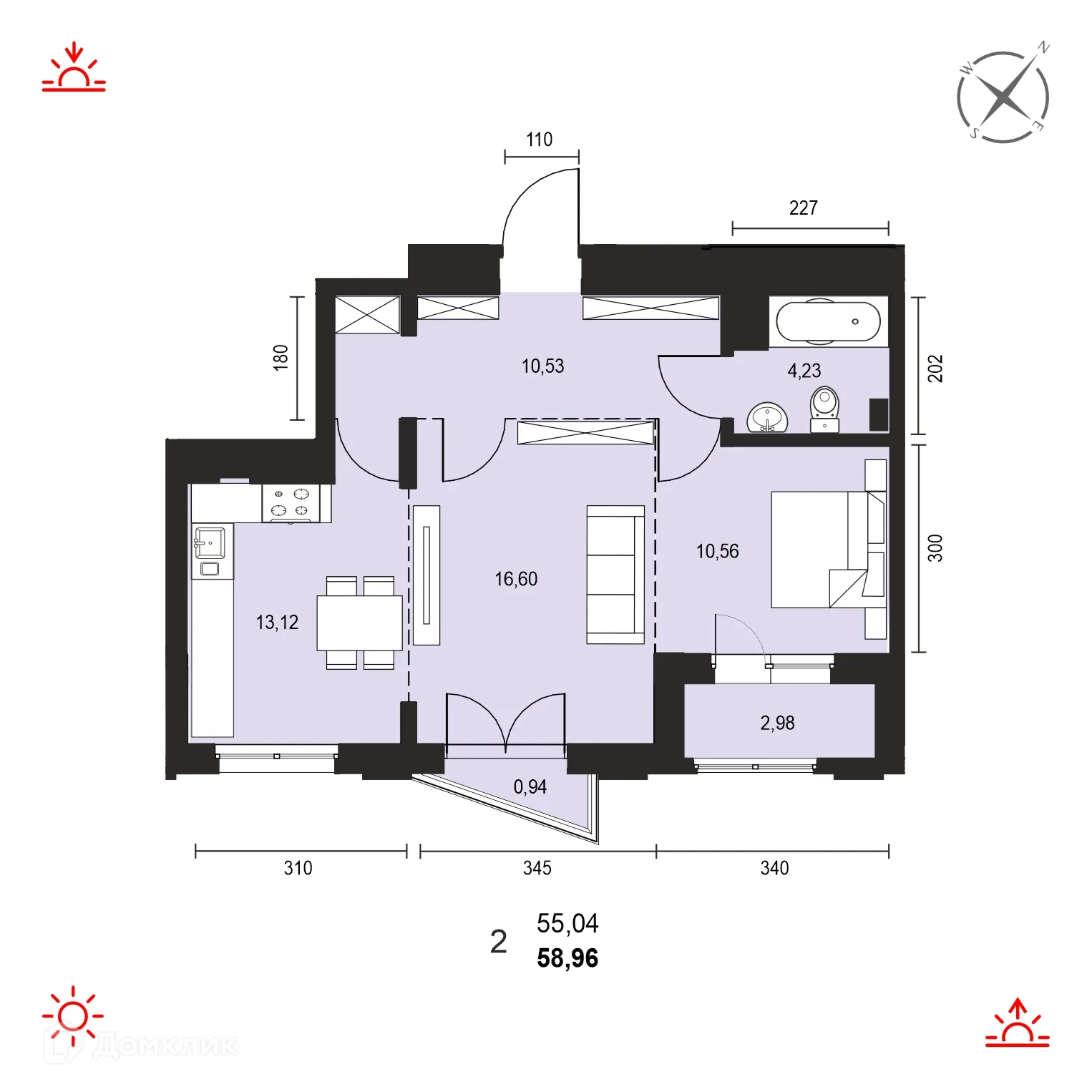 Планировка 2-комнатной квартиры 58.96 м² в ЖК АВТОР, г. Иркутск — фото 1