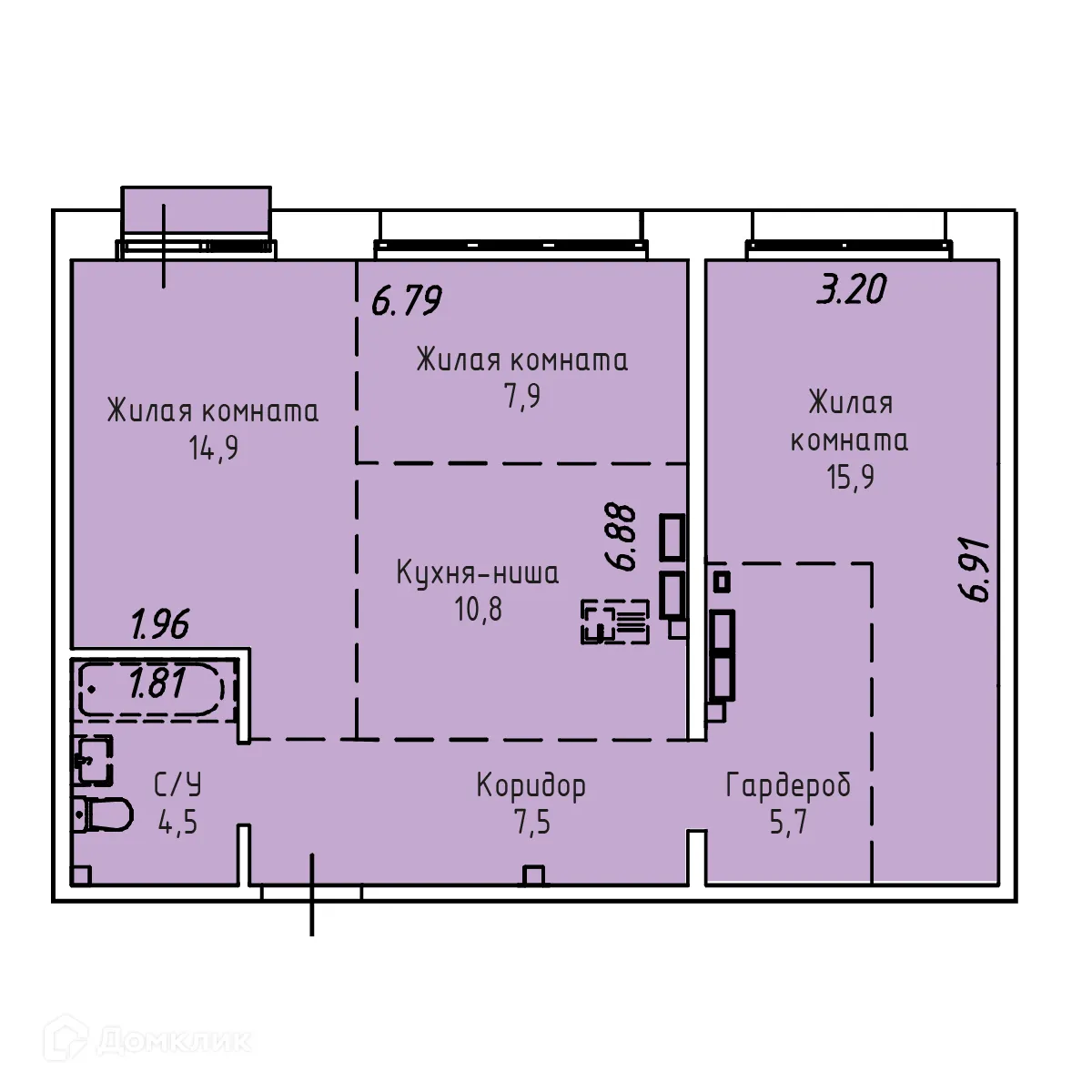 Планировка 3-комнатной квартиры 67.9 м² в ЖК СТРИЖИ СИТИ, г. Иркутск — фото 1