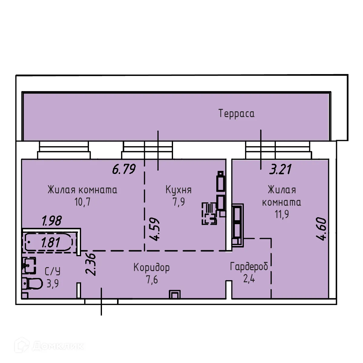 Планировка 2-комнатной квартиры 60.8 м² в ЖК СТРИЖИ СИТИ, г. Иркутск — фото 1