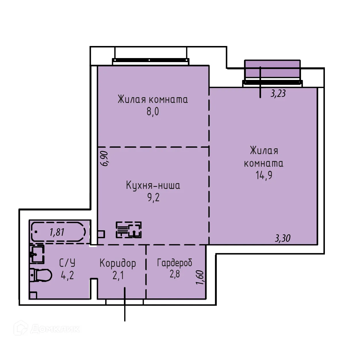 Планировка 2-комнатной квартиры 41.9 м² в ЖК СТРИЖИ СИТИ, г. Иркутск — фото 1