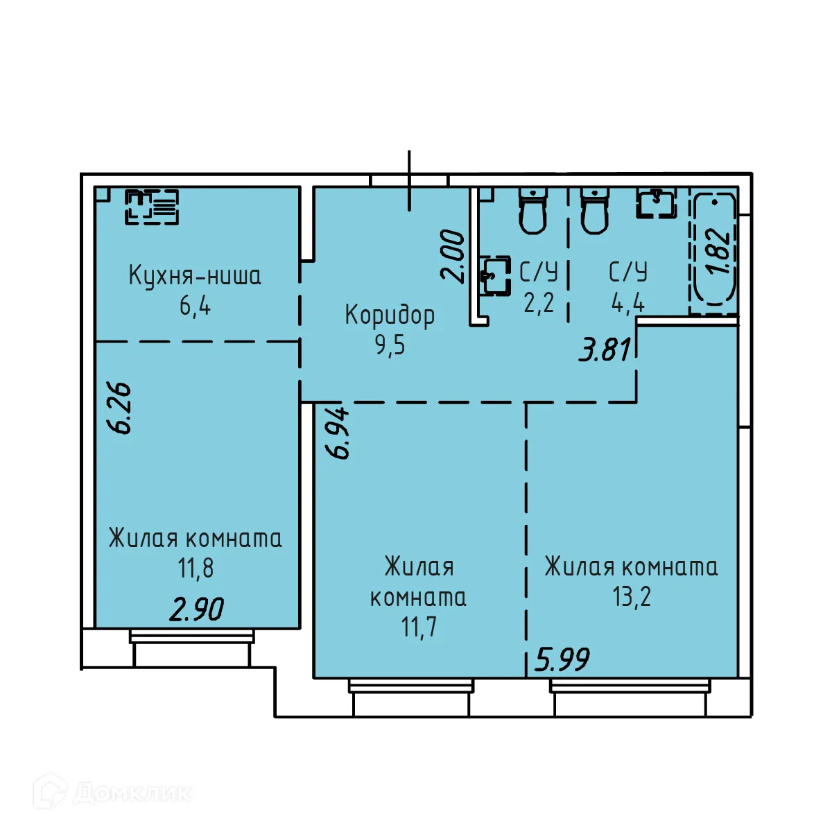 Планировка 3-комнатной квартиры 59.2 м² в ЖК СТРИЖИ СИТИ, г. Иркутск — фото 1