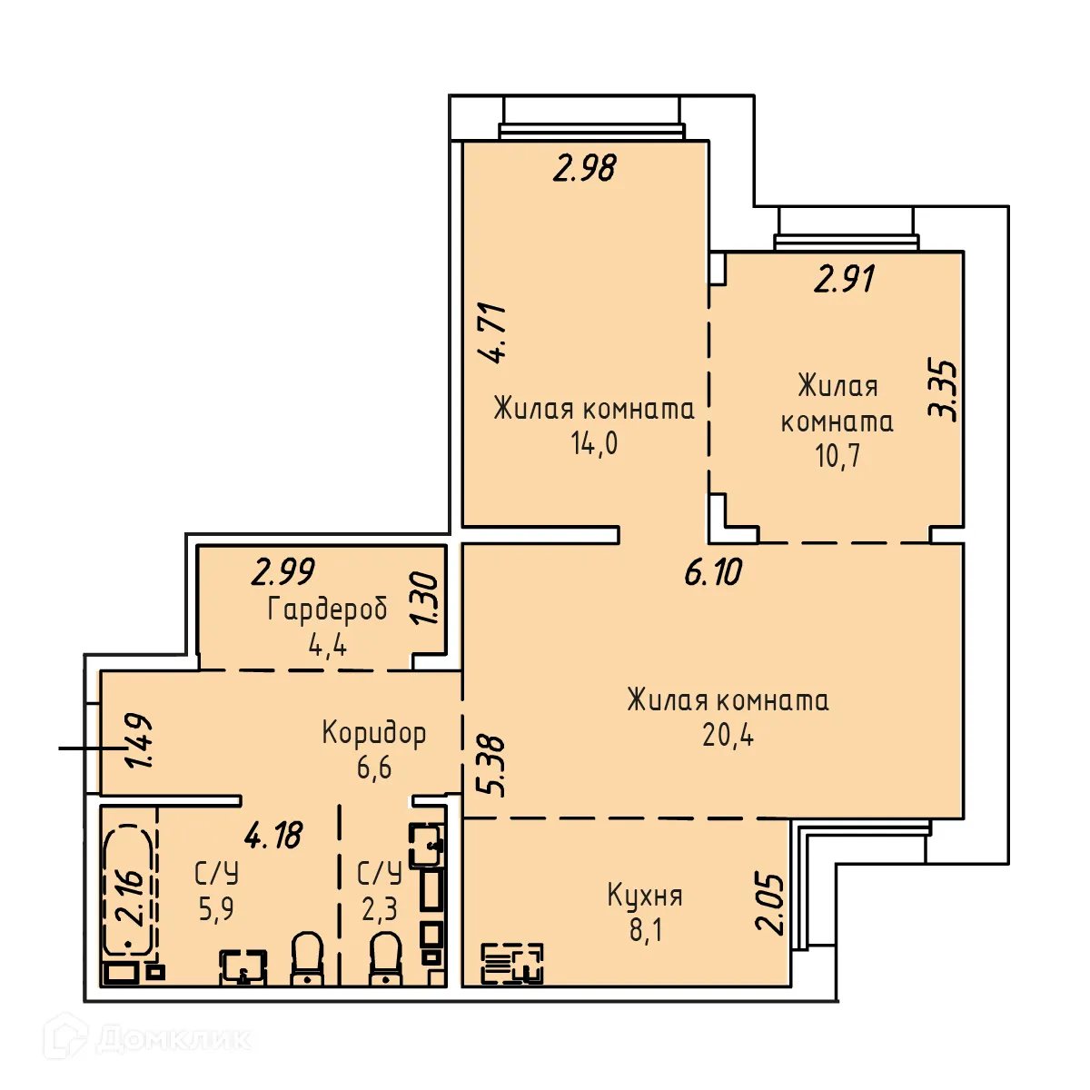 Планировка 3-комнатной квартиры 72.4 м² в ЖК СТРИЖИ СИТИ, г. Иркутск — фото 1