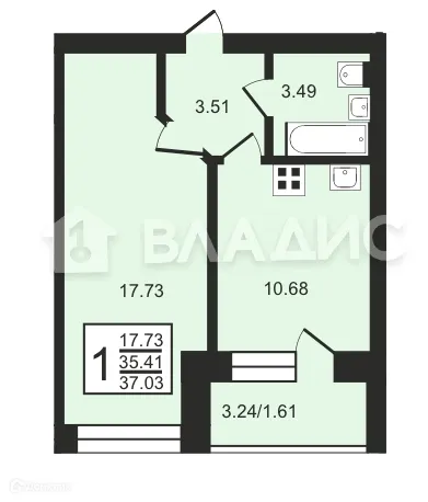 Планировка 1-комнатной квартиры 37.03 м² в ЖК по ул.Ручейная, г. Сыктывкар — фото 1