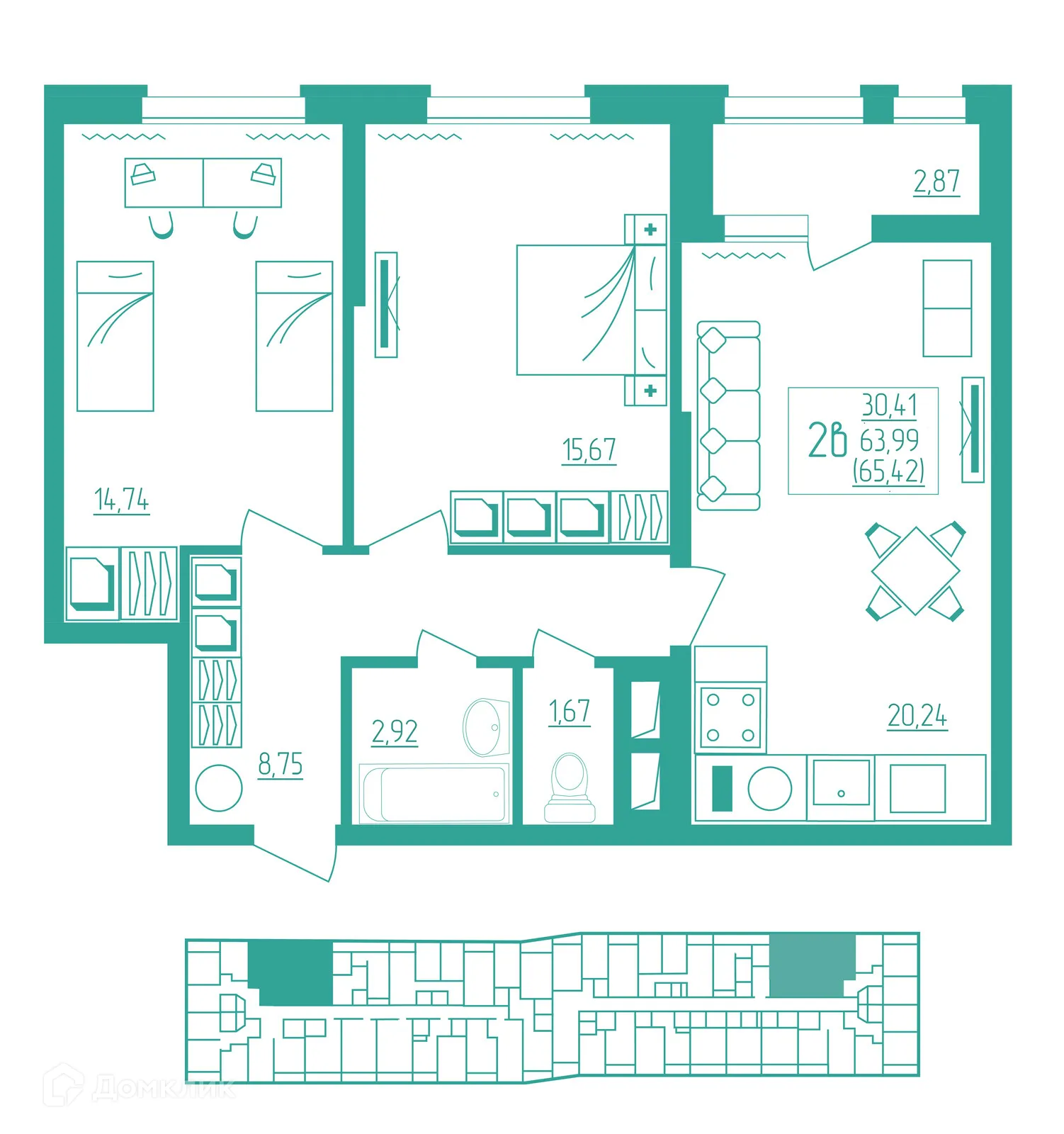 Планировка 2-комнатной квартиры 65.46 м² в ЖК Акварель, г. Саранск — фото 1