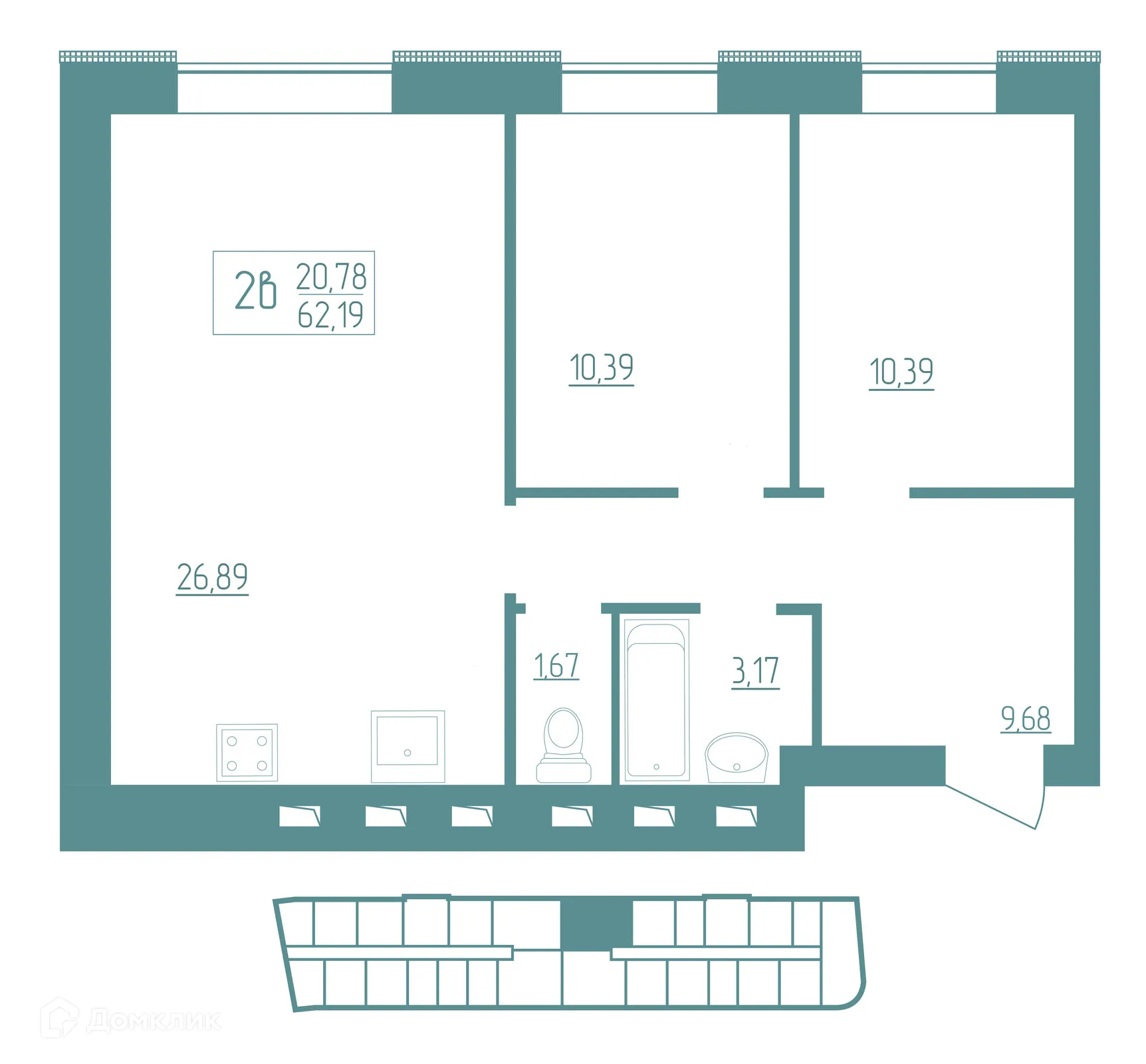 Планировка 2-комнатной квартиры 62.19 м² в ЖК Vera (Вера), г. Саранск — фото 1