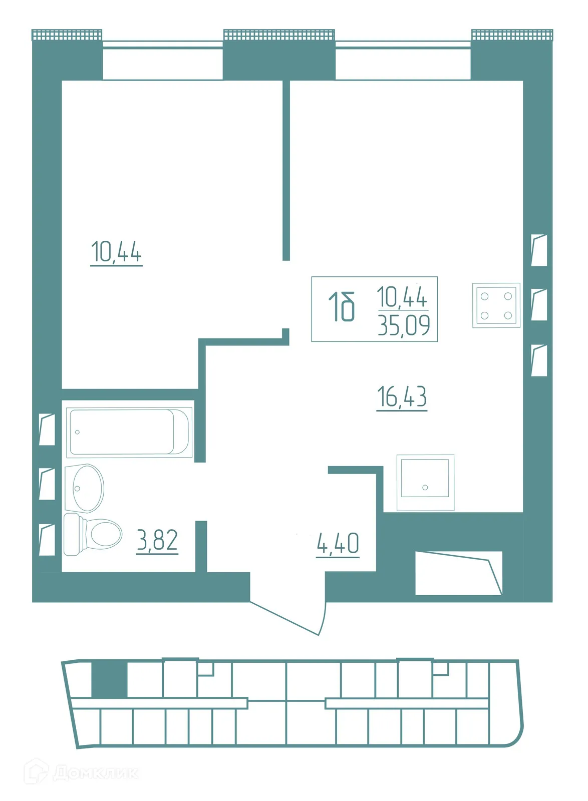 Планировка 1-комнатной квартиры 35.09 м² в ЖК Vera (Вера), г. Саранск — фото 1