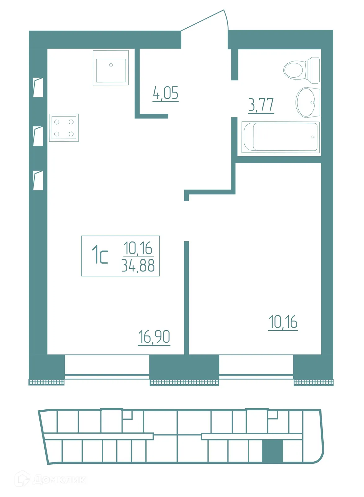 Планировка 1-комнатной квартиры 34.88 м² в ЖК Vera (Вера), г. Саранск — фото 1
