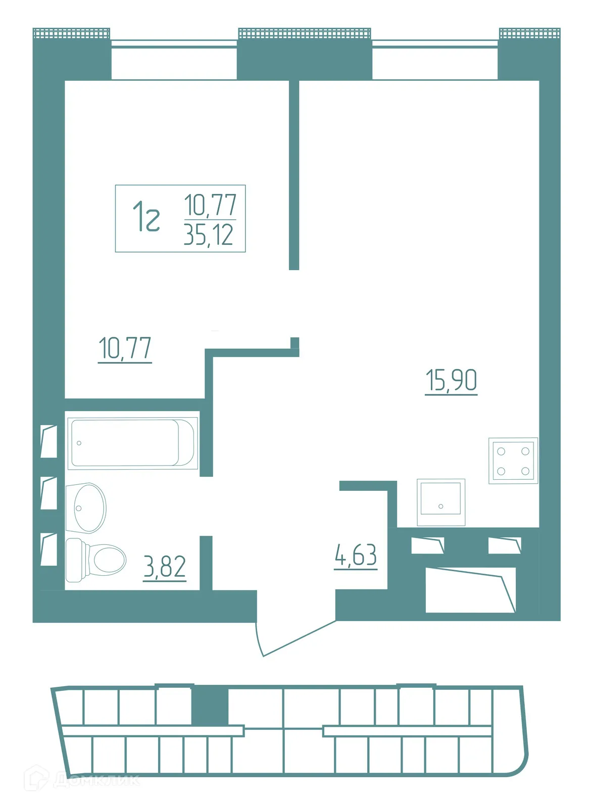 Планировка 1-комнатной квартиры 35.12 м² в ЖК Vera (Вера), г. Саранск — фото 1