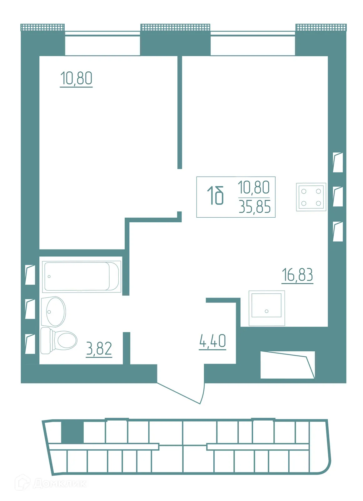 Планировка 1-комнатной квартиры 35.85 м² в ЖК Vera (Вера), г. Саранск — фото 1