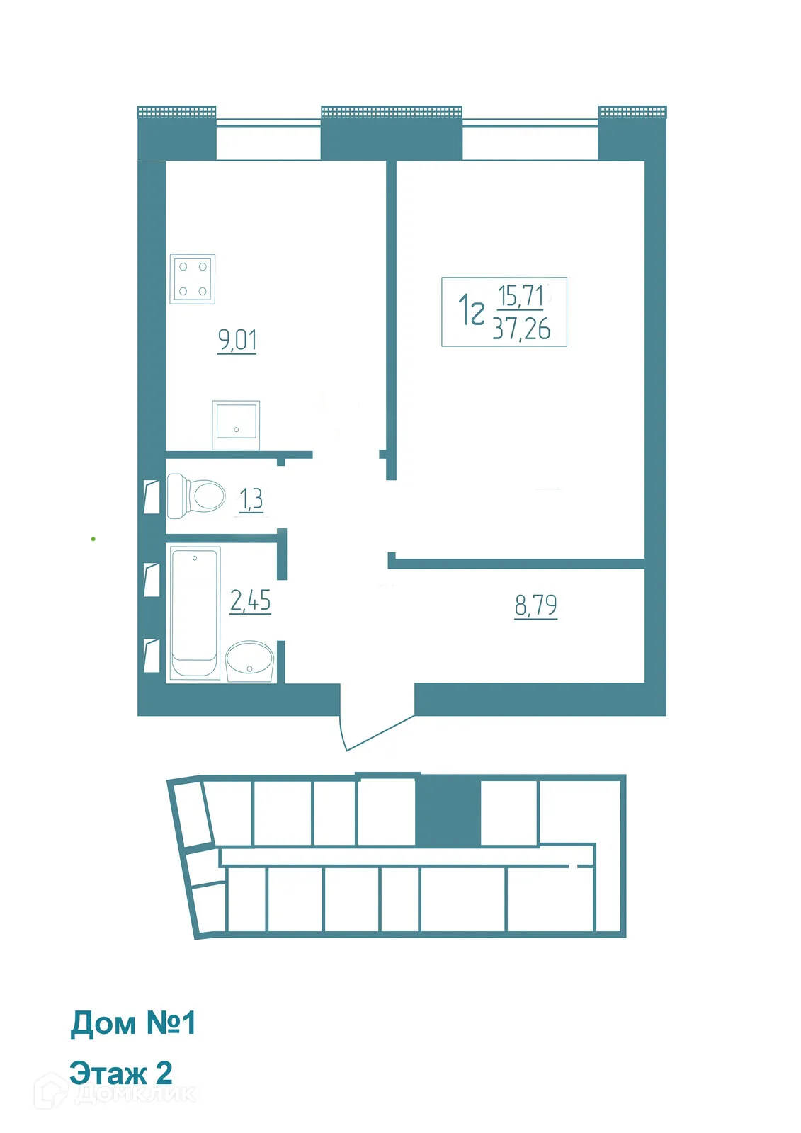 Планировка 1-комнатной квартиры 37.26 м² в ЖК Vera (Вера), г. Саранск — фото 1