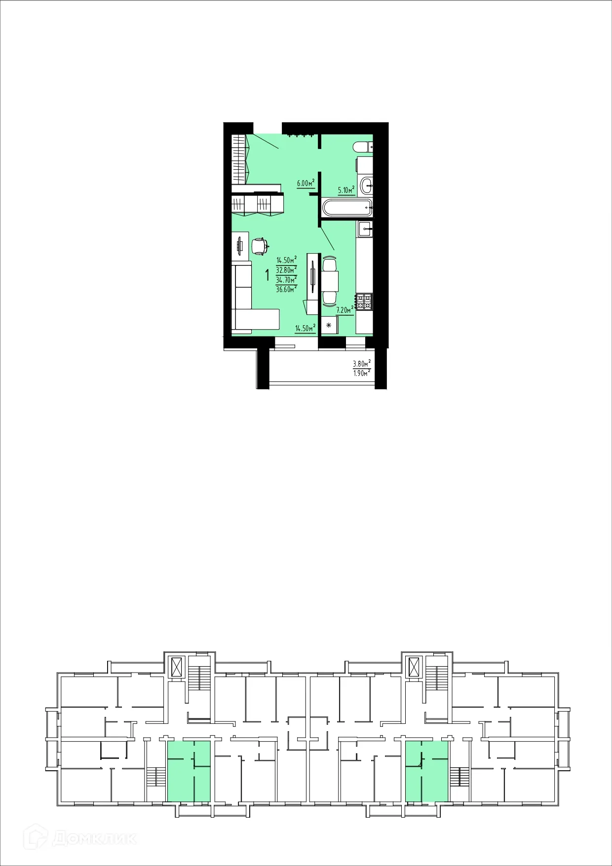 Планировка 1-комнатной квартиры 34.7 м² в ЖК Жилой дом по ул. Республиканская-Красноармейская, г. Саранск — фото 1