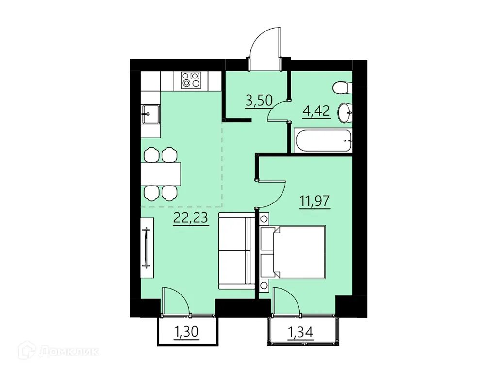 Планировка 1-комнатной квартиры 42.12 м² в ЖК ДОМ НА СОВЕТСКОЙ, г. Саранск — фото 1