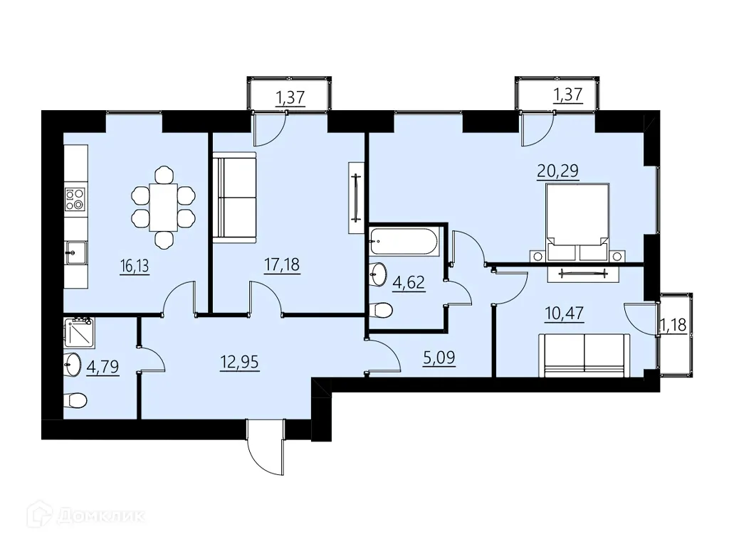 Планировка 3-комнатной квартиры 91.52 м² в ЖК ДОМ НА СОВЕТСКОЙ, г. Саранск — фото 1