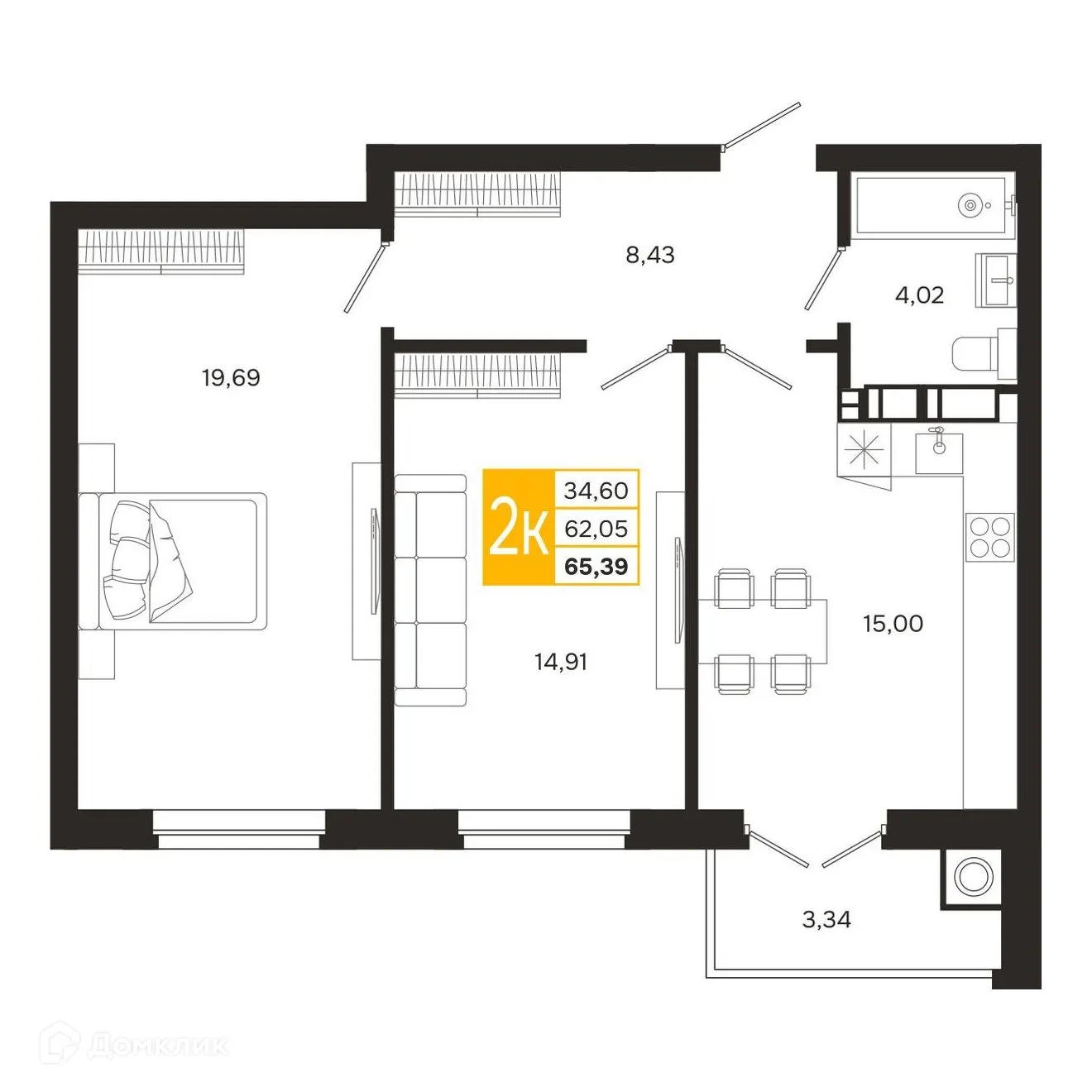 Планировка 2-комнатной квартиры 65.39 м² в ЖК Ривер Парк, г. Рязань — фото 2