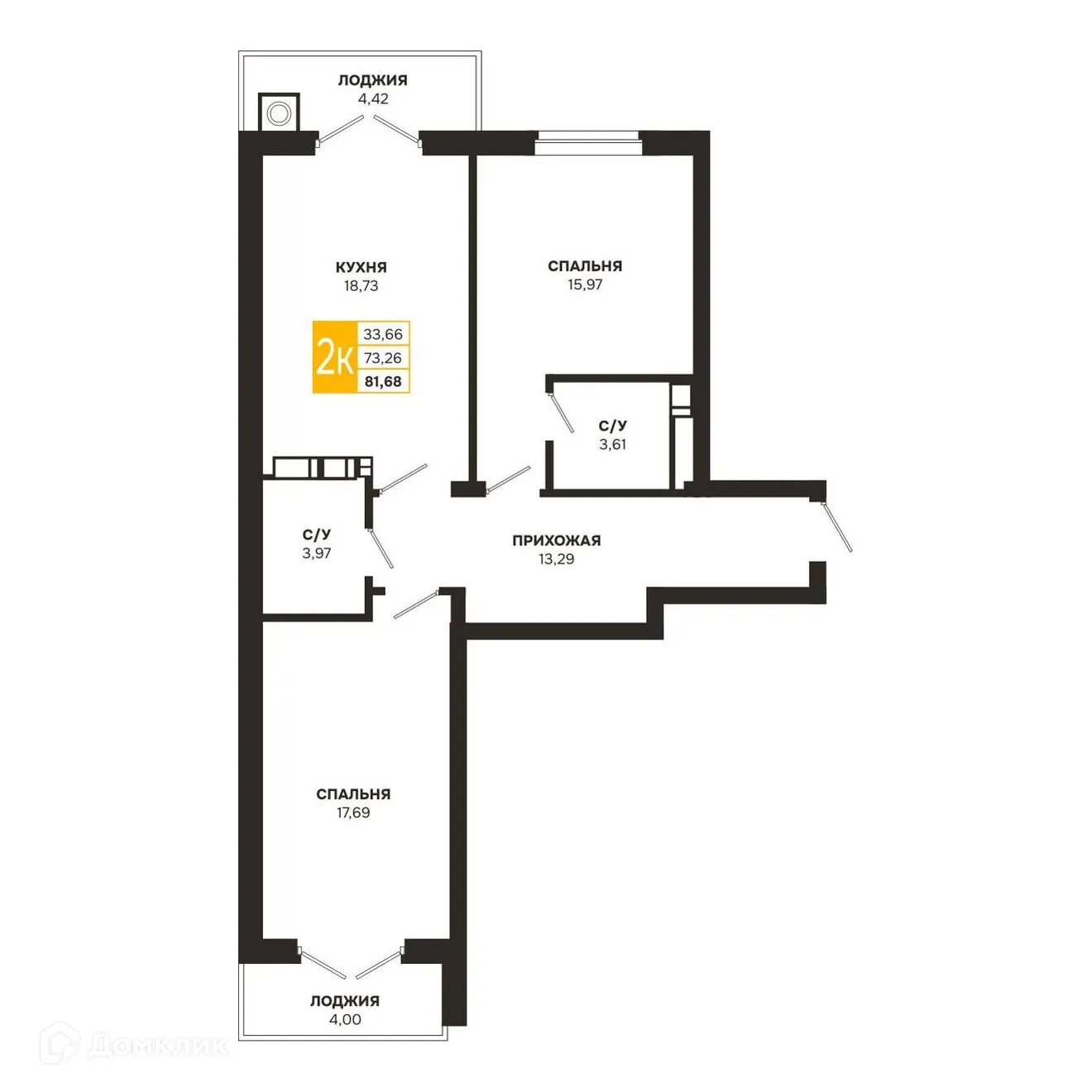 Планировка 2-комнатной квартиры 81.68 м² в ЖК Ривер Парк, г. Рязань — фото 1
